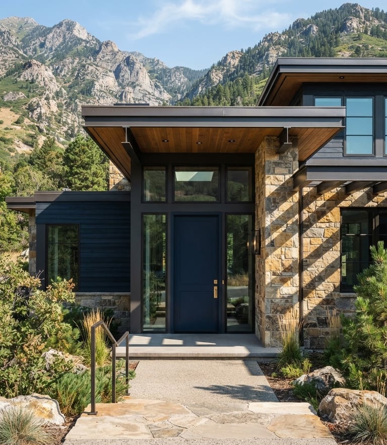 Crisp architectural detail of a high-end mountain home in Cottonwood Heights, bright natural daylight, clean sharp shadows, deep navy and warm gold tones, sharp focus, 35mm