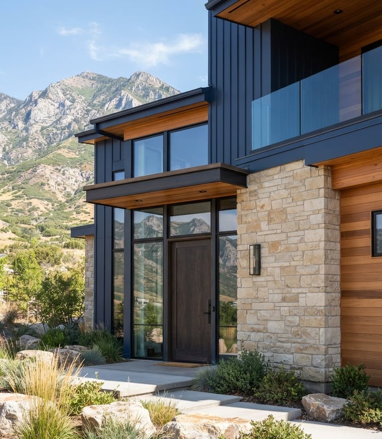 Crisp architectural detail of a modern Utah estate exterior, clean lines, stone facade, bright mountain daylight, sharp focus.