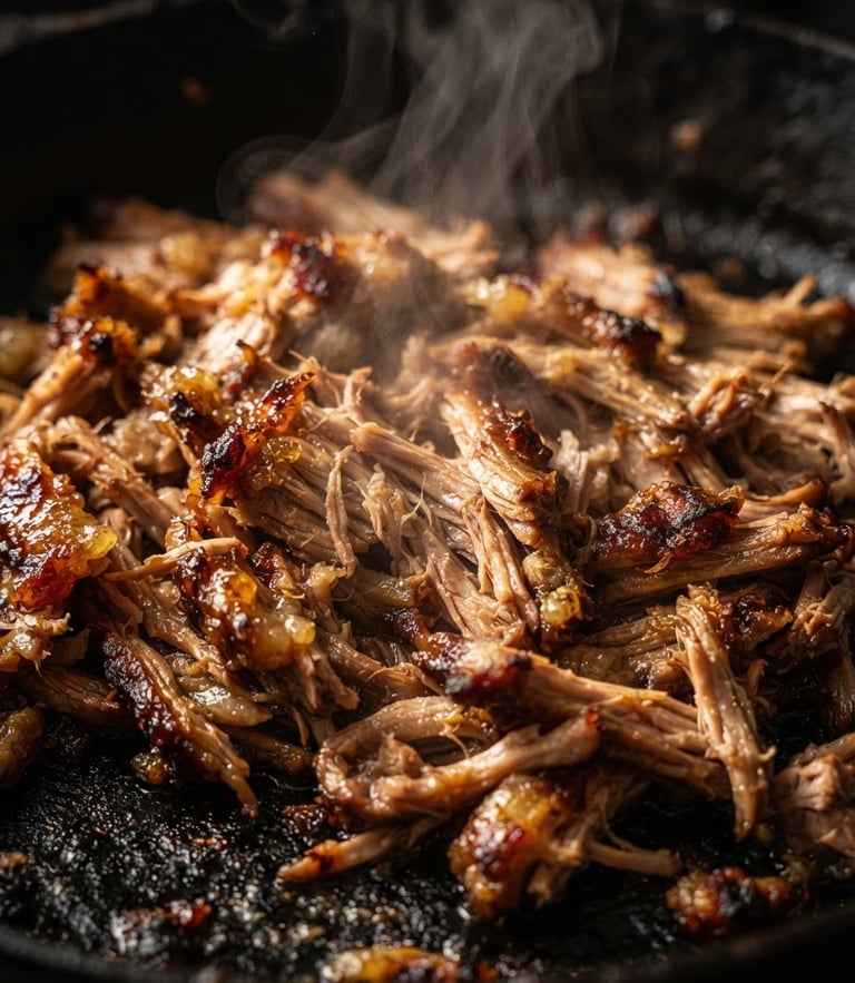 Tight macro shot of glistening slow-cooked pork carnitas, steam rising from freshly cut meat, rich dark background, dramatic side lighting