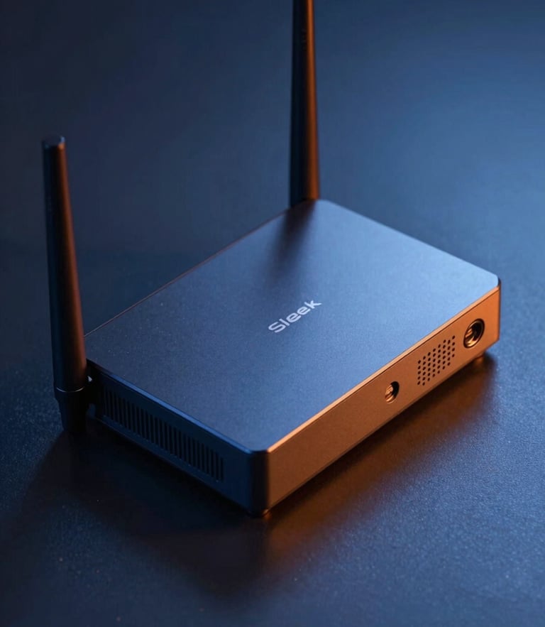 Sleek modern home internet router on a dark matte surface, cool blue ambient light with high-contrast orange key lights reflecting off clean geometric lines, tight macro shot, professional tech photography.