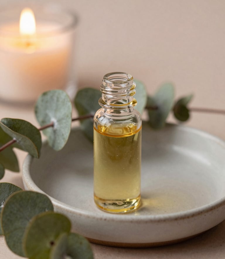 Close-up macro shot of warm botanical oils in a ceramic dish beside fresh eucalyptus leaves, soft candlelit glow, muted earth tones, shallow depth of field, 35mm