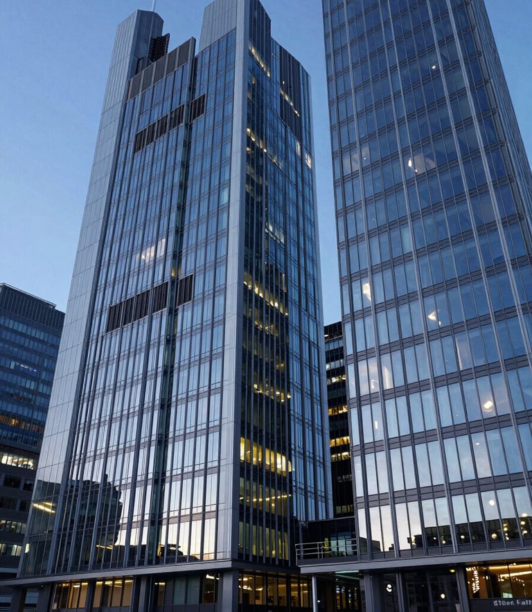 Wide architectural shot of Frankfurt's digital hub at dusk, clean modern steel and glass facades reflecting cool blue light, sharp perspective, negative space on the left