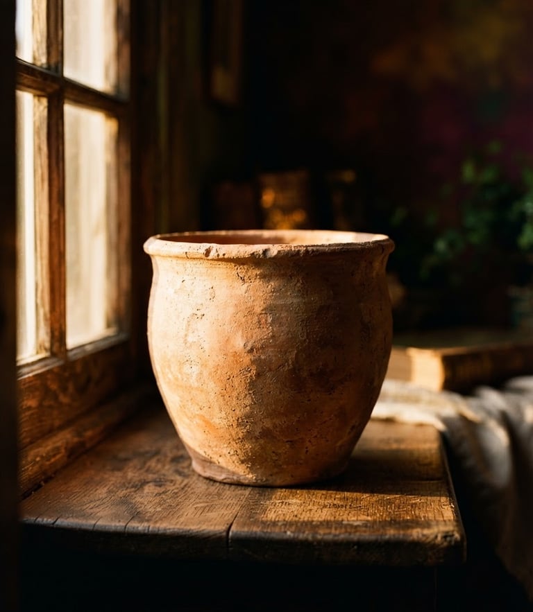 A single terracotta vessel catching dramatic golden-hour window light, deep shadows, warm editorial interior photography, medium format film