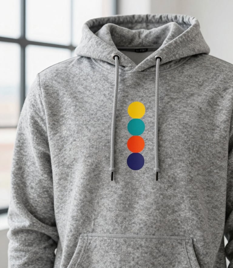 Close-up of a person wearing a premium textured gray hoodie in a bright Toronto loft, soft indirect daylight, showing sharp print detail.