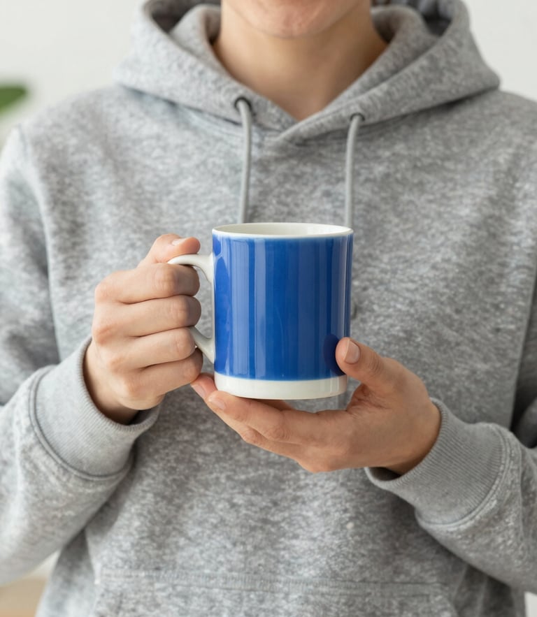 A close-up of a person smiling, wearing a high-quality custom printed gray hoodie, holding a ceramic mug with a vibrant blue design, soft natural daylight, 50mm lens