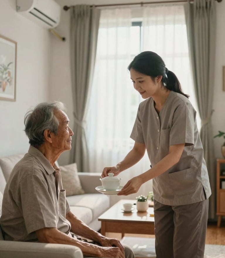 Soft morning light illuminating a comfortable, clean shared living room in Kuching, a caregiver gently serving tea to an elderly resident, warm domestic atmosphere.