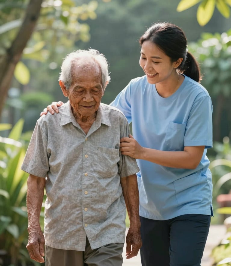 Candid medium shot of a cheerful Sarawakian caregiver gently assisting an elderly resident walking in a sunlit garden, soft morning daylight, lush green foliage in the background, warm and natural atmosphere.