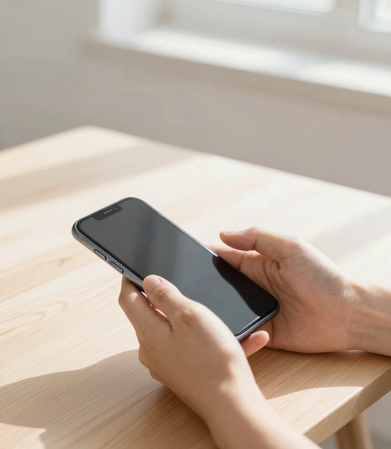 Close-up of calm hands holding a smartphone on a clean wooden desk, bright morning daylight, airy minimalist space