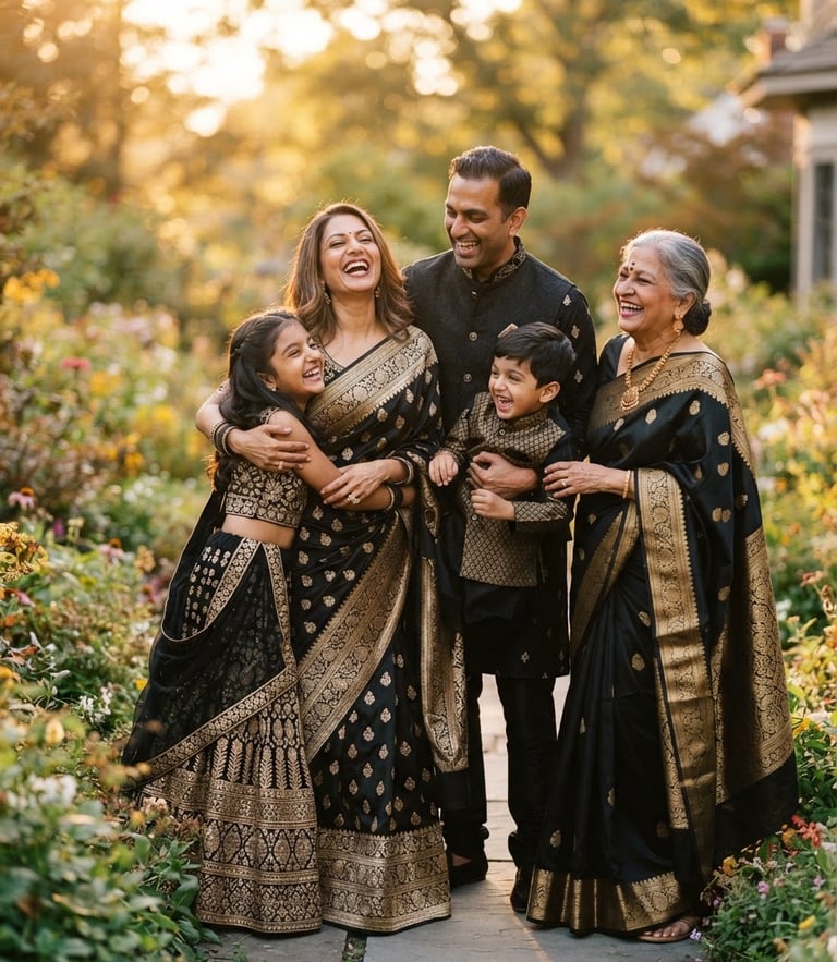 Warm editorial portrait of a modern Indian family laughing together in coordinated golden and black festive attire, soft golden-hour natural light, 35mm