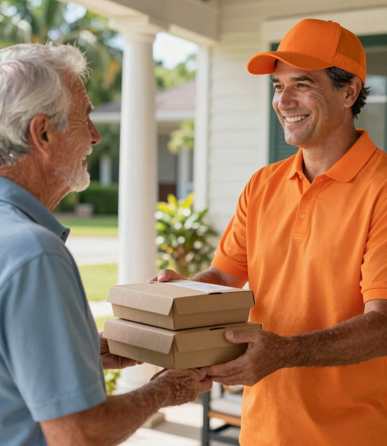 A friendly delivery driver in a warm orange polo shirt handing a neatly packed meal box to a smiling older gentleman on a sunny Florida porch, bright natural light.