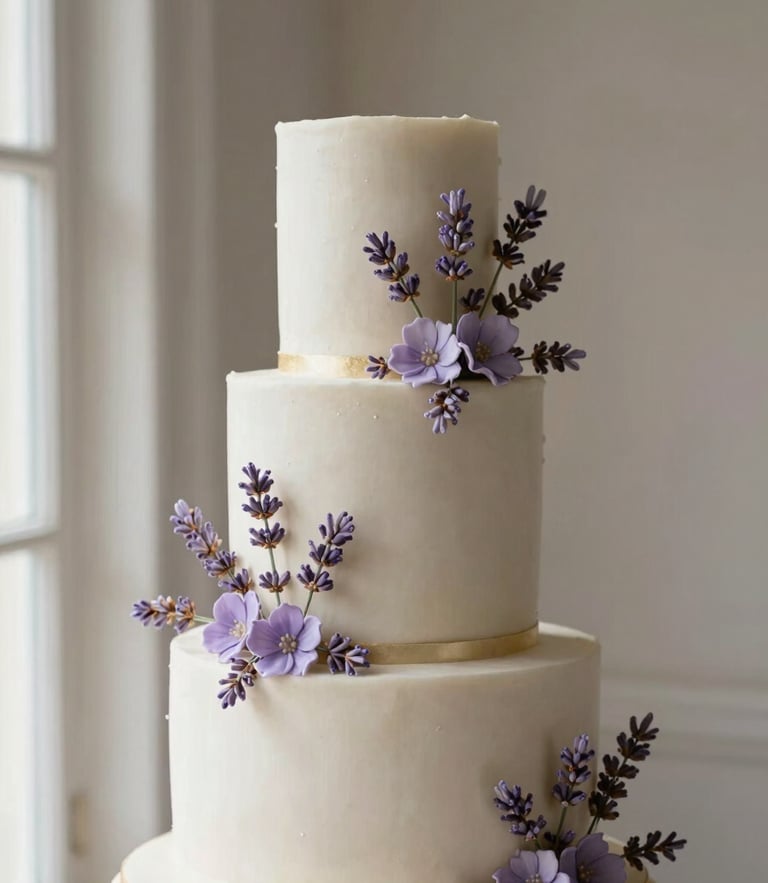 Elegant portrait of a multi-tiered luxury wedding cake adorned with intricate lavender sugar flowers, set against a soft neutral background, illuminated by gentle natural window light, shallow depth of field, 85mm lens.
