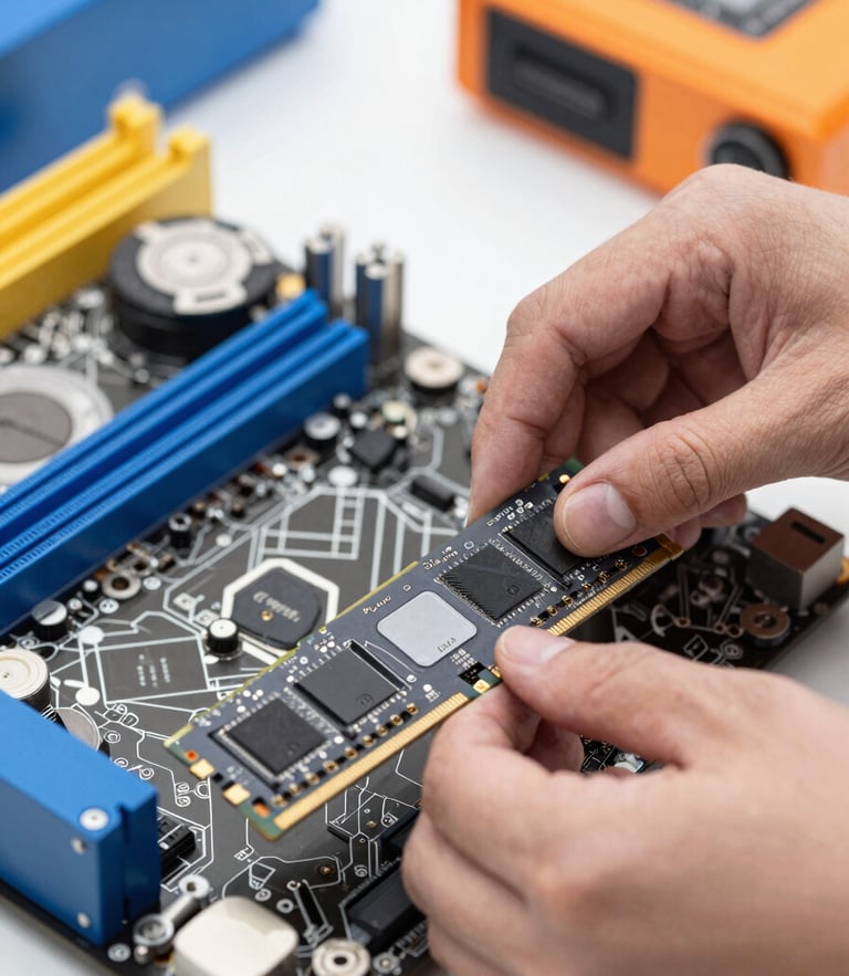 Macro close-up of a technician's hands carefully installing a RAM stick on a clean motherboard, bright workshop lighting, blue and orange accents