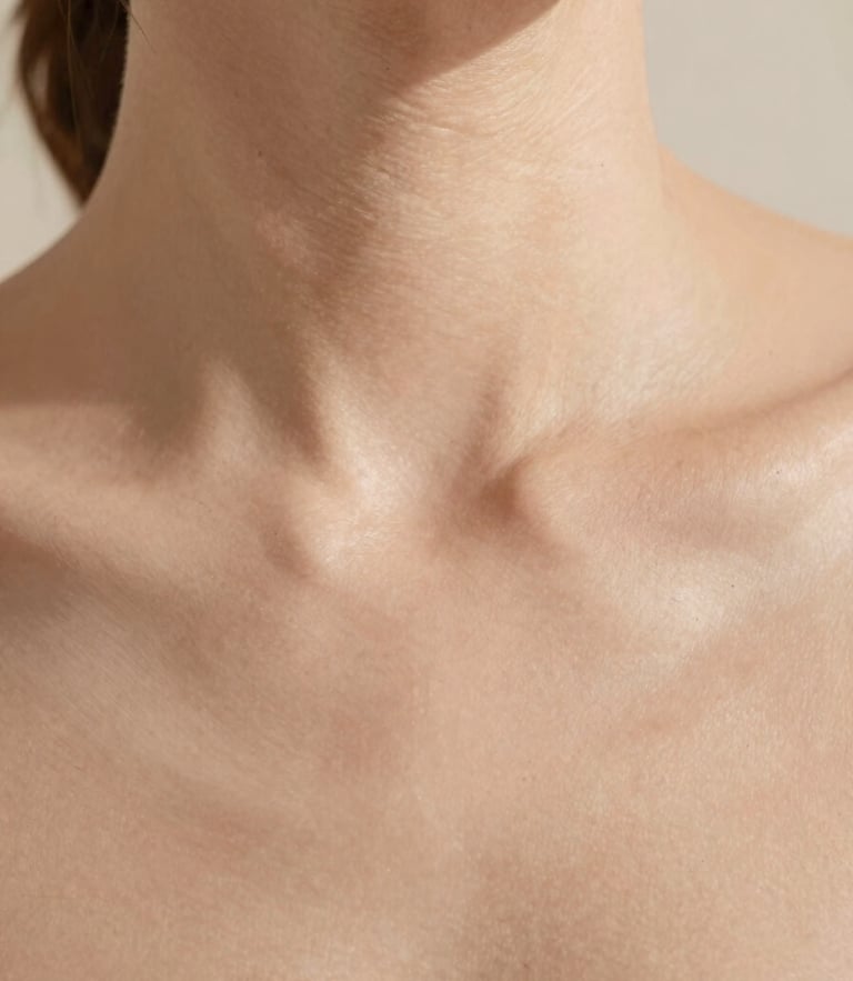 Close-up of clean skin texture with soft natural daylight, warm sand tones, minimalist clinical aesthetic, 35mm photography