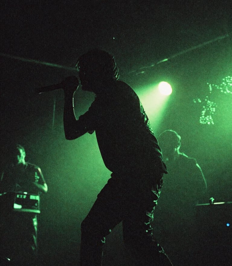 Gritty concert photography with low-key stage lighting, high-contrast neon green backlights, artist in motion on stage, 35mm film style