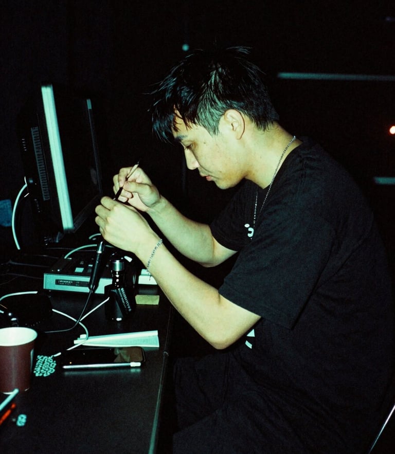 Low-key high-contrast photo of an artist backstage preparing under neon green lighting, 35mm film grain