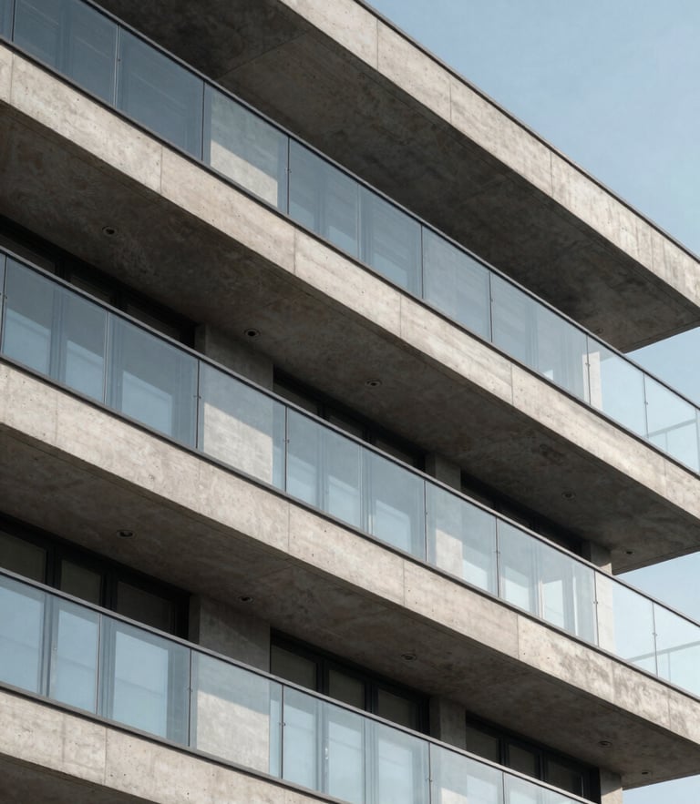 Sharp architectural close-up of a modern concrete and glass residential facade, clean angles, crisp daylight, high-contrast shadows