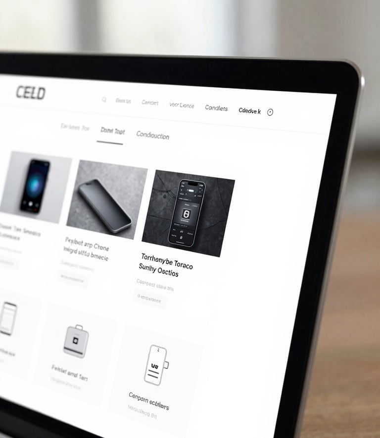 Clean tech-editorial photography, bright natural studio light, crisp white and slate tones, sharp macro focus on a high-fidelity website mockup displaying modern UI components