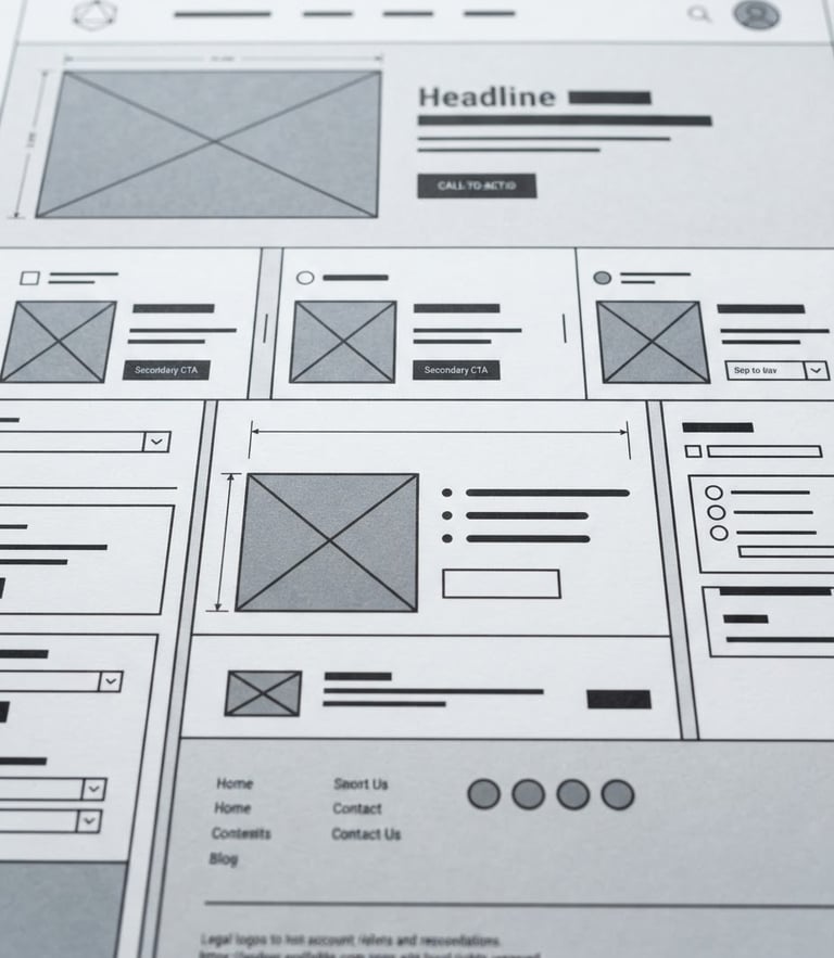 Straight-on macro shot of a clean web interface layout wireframe, soft natural studio lighting, white and slate tones