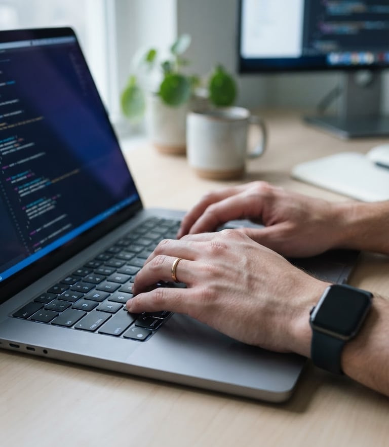modern tech photography, cool daylight with subtle blue screen-glow, close-up of hands typing on a laptop in a clean minimalist workspace, sharp focus, 35mm lens