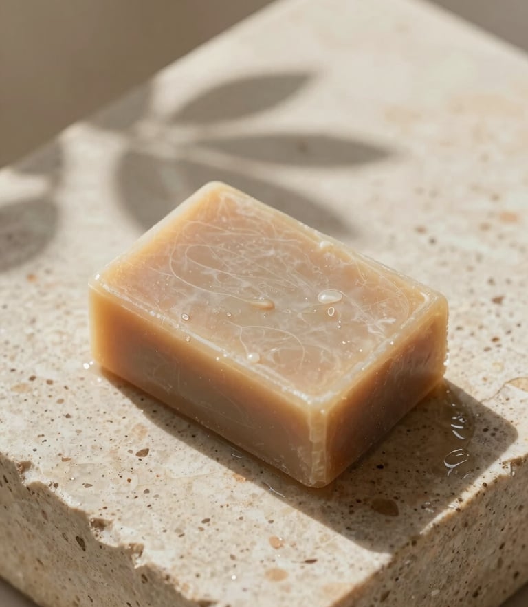 Warm editorial photography of a solid shampoo bar resting on a wet travertine stone, soft morning light, botanical leaf shadow, tactile organic texture, 35mm lens