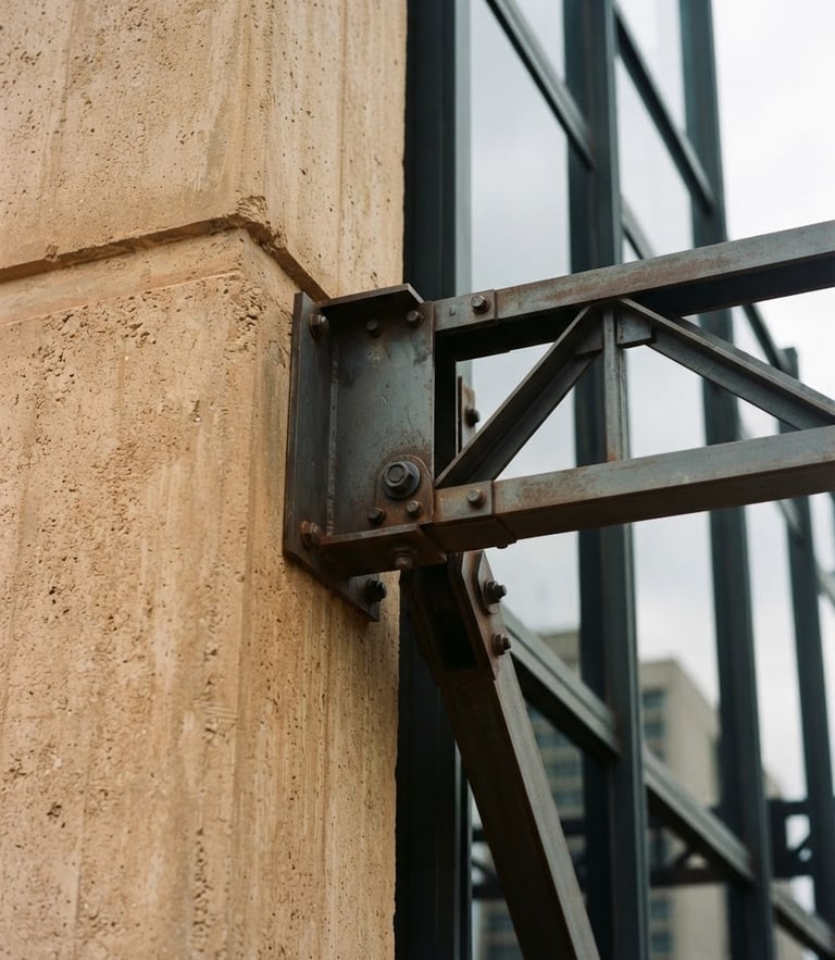 Close-up of structured concrete and steel joints of a modern commercial building in Brasília, warm architectural photography, natural overcast daylight, earthy sand and clay tones, sharp focus, 35mm