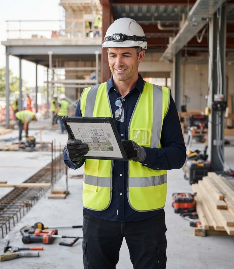 A professional contractor in clean high-visibility vest holding a tablet on an organized construction site, bright studio lighting, sharp focus