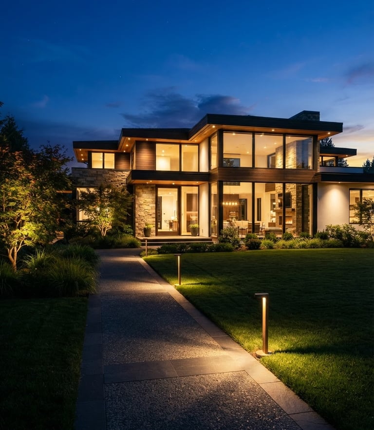 Crisp environmental shot of a completed modern estate at twilight, architectural brass pathway lights casting warm glows on neatly edged lawns, sharp focus, 35mm lens.