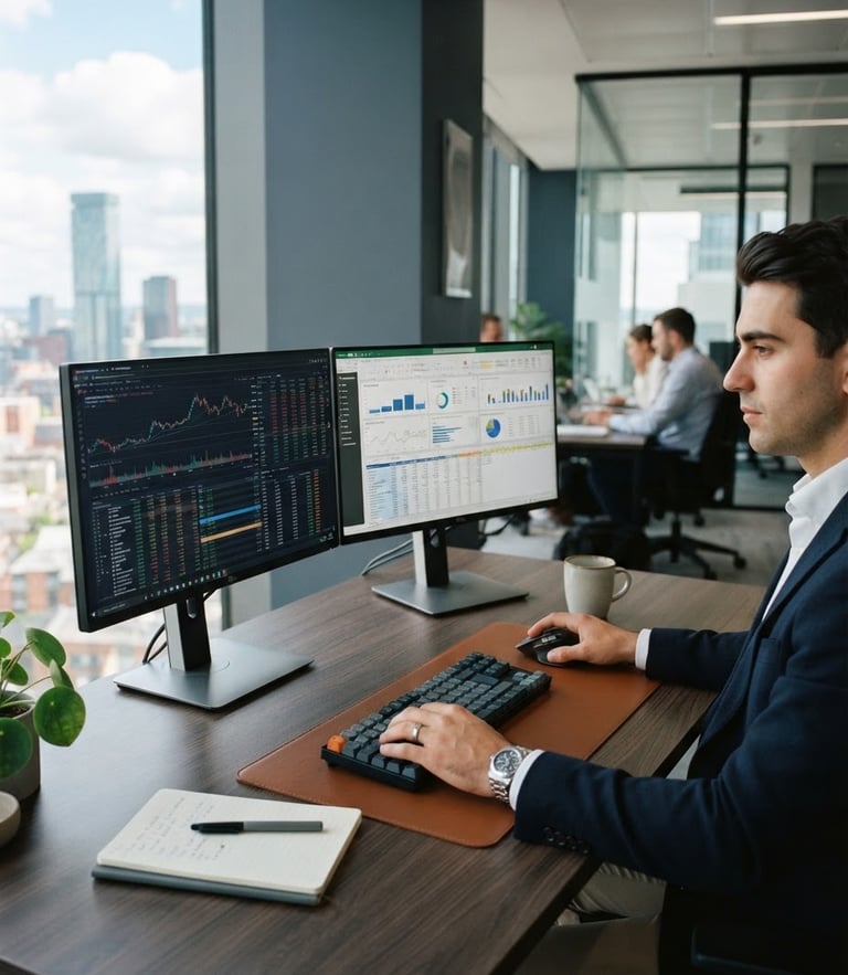 A sharp 35mm photograph of a clean, modern Manchester office workspace, cool slate tones, bright natural daylight, dual-monitor setup showing structured financial data, shallow depth of field.