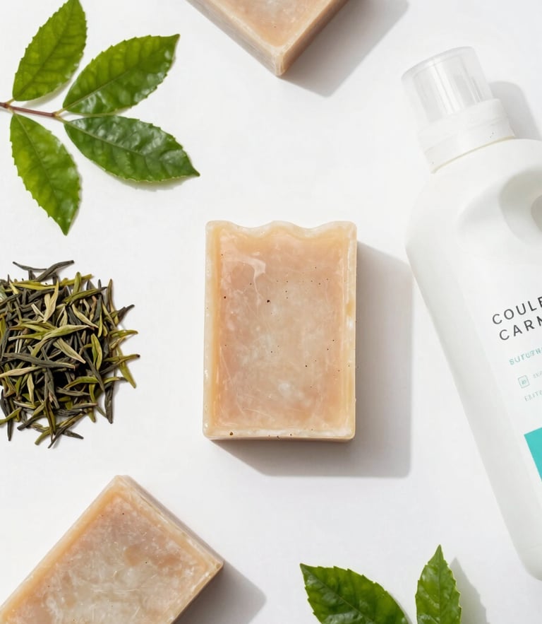 Overhead flat-lay of organic tea leaves, handmade soap bars, and natural laundry liquid on a clean white surface with soft natural daylight, 50mm