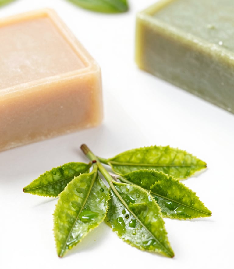 Macro shot of fresh green tea leaves and herbal soap bars on a pristine white surface, soft natural daylight, sharp focus, 50mm