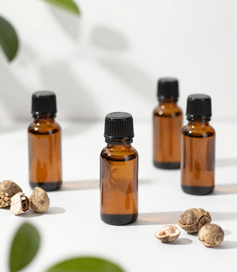 Crisp organic raw ingredients and finished bottles on a clean white surface with soft botanical shadows, 50mm, daylight