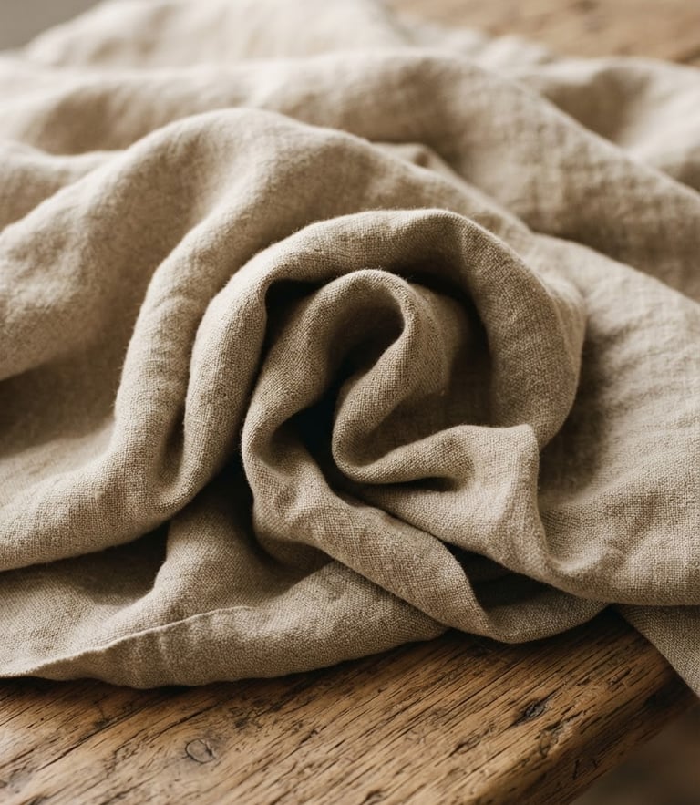 Close-up of heavy-weight natural linen folds resting on a raw oak bench, soft directional north-facing daylight, warm earth tones, 35mm
