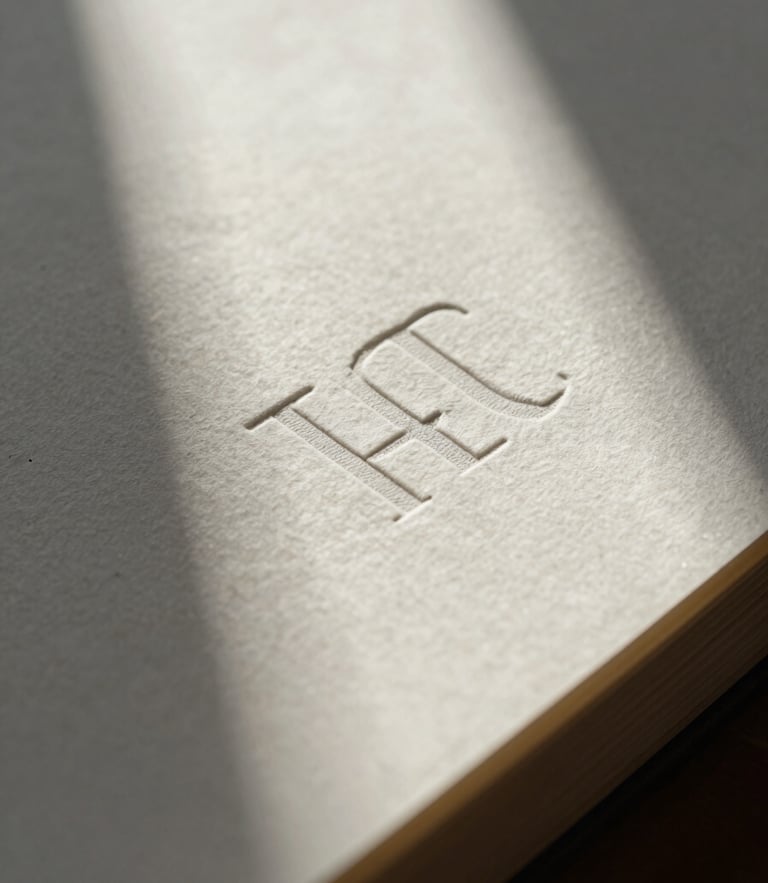Macro close-up of heavy paper stock with letterpress ink indentations, soft directional window light casting deep shadows.