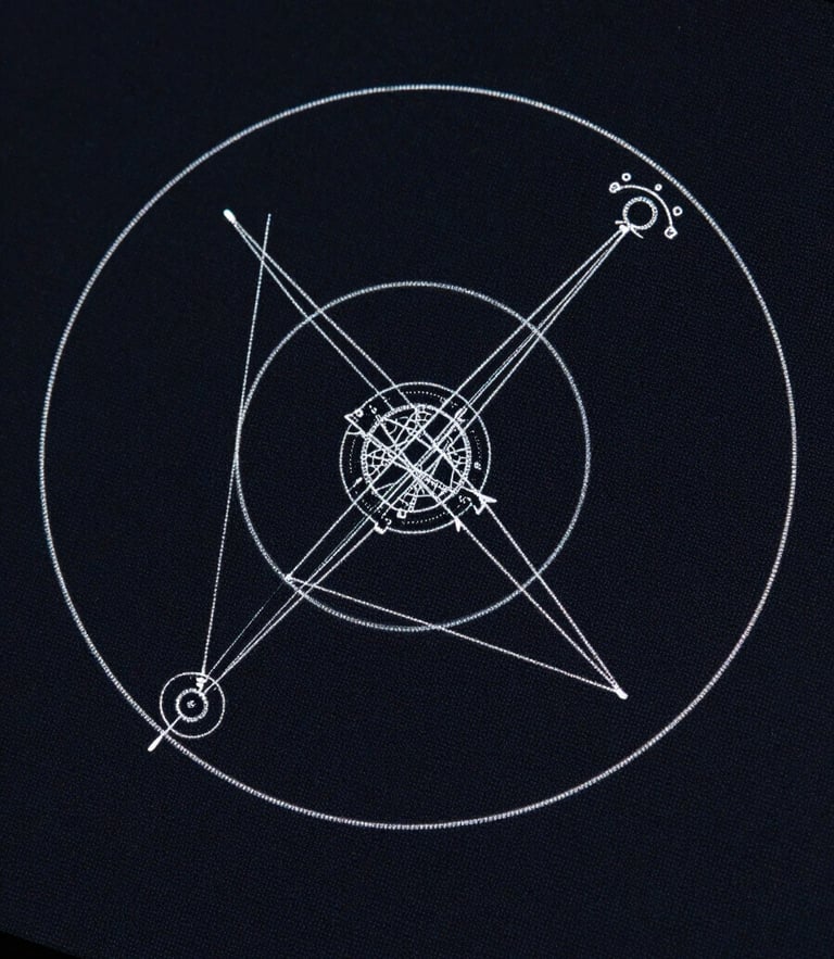 Minimalist macro shot of precise geometric instruments and thin vector orbital lines on a dark digital screen, cool-toned lighting, high contrast
