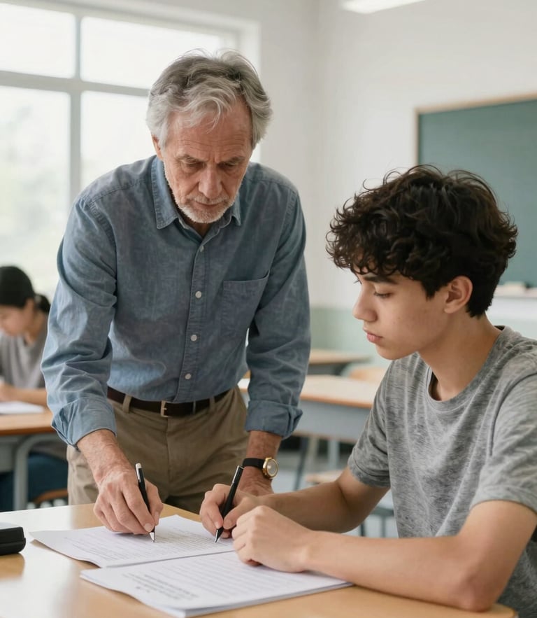 A veteran educator guiding a young aspirant over a detailed study plan, bright daylight in a clean modern classroom, authentic focused mentoring interaction.