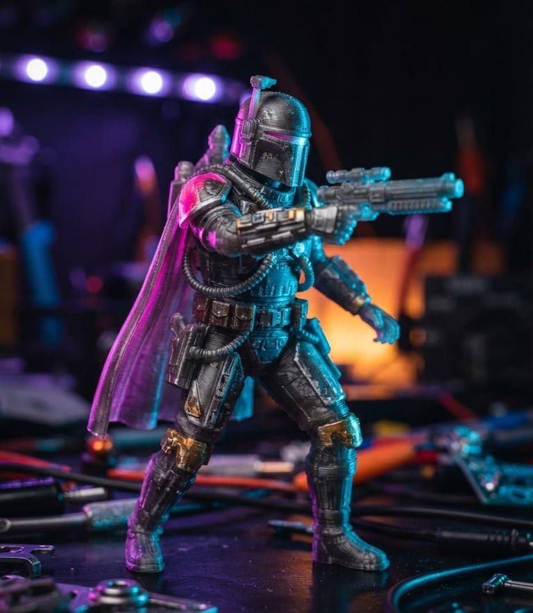Macro product photograph of a high-detail 3D printed custom figure showing fine PLA filament layer lines under colorful neon rim lighting, 35mm photography, shallow depth of field
