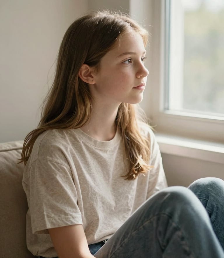 Portrait of a thoughtful teenage girl sitting in a sunlit room, looking out of a window, soft natural lighting, warm sand color palette, authentic expression, shallow depth of field