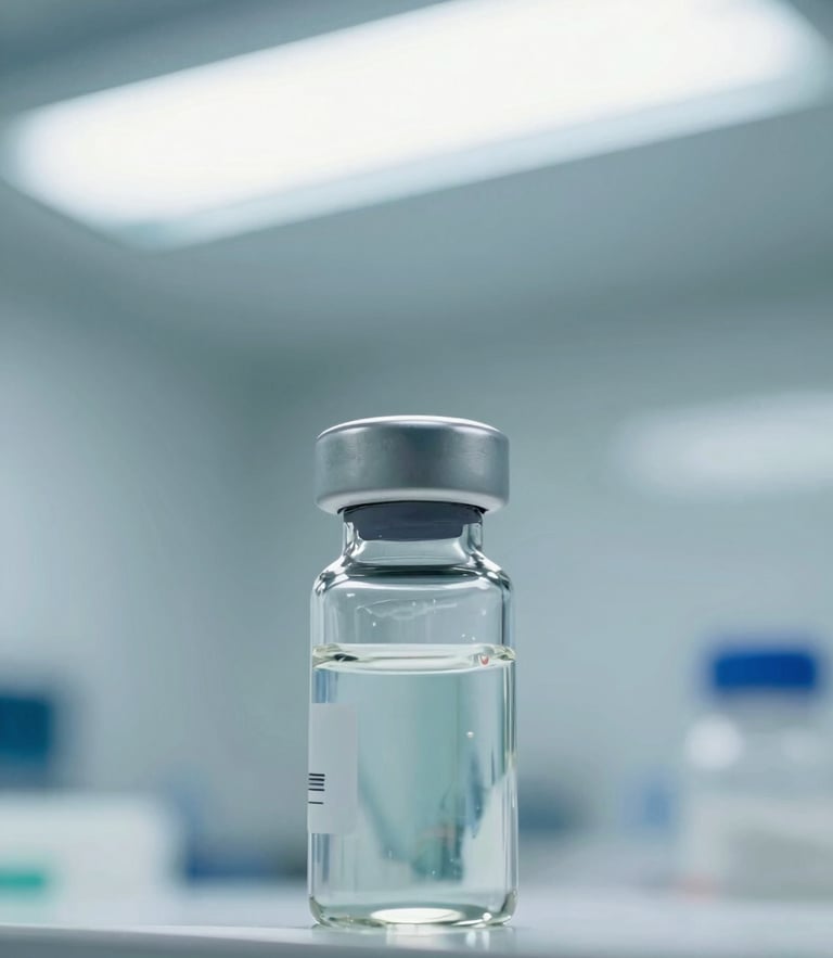 Macro shot of a sealed glass vial under bright cool cleanroom light, pristine teal and white tones, sharp focus, 35mm