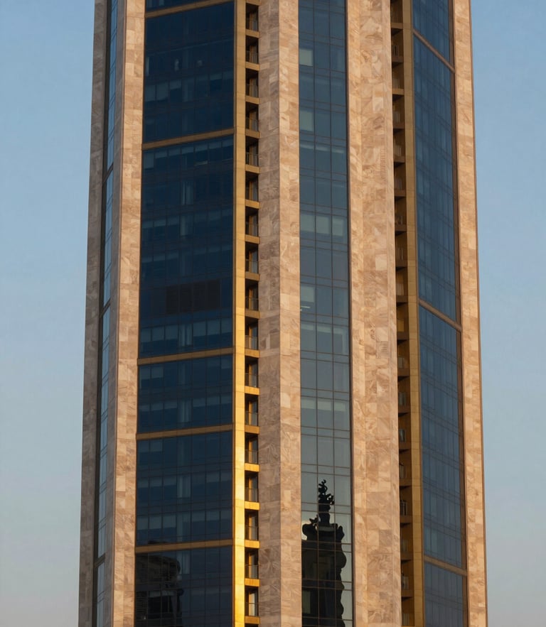 Sleek modern Riyadh high-rise facade at golden hour, architectural details in limestone and brass, soft natural light, medium format photography