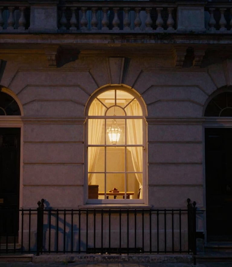 Cinematic editorial photography of a dimly lit classic London townhouse facade at twilight, warm ambient light glowing from a single arched window, deep shadows, 35mm film grain