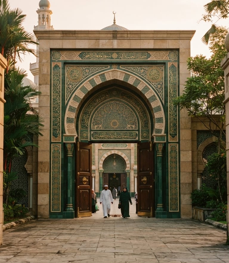 Warm editorial photography of Masjid Jami' Asy-Syakirin main entrance archway during soft morning light, rich forest green tones, architectural details, 35mm lens