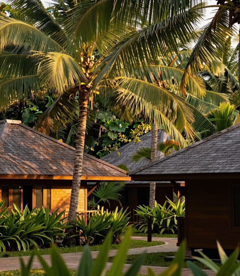 Warm environmental shot of Bangi Resort's tropical gardens at golden hour, low-rise teak wood pavilions visible through palm leaves, soft filtered light.