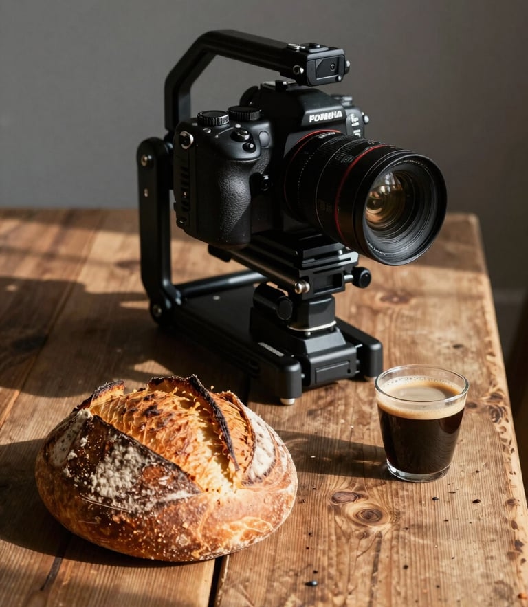 Portrait aspect, a camera rig positioned over a rustic wooden table with fresh sourdough and espresso, soft natural Scandinavian daylight casting deep rich shadows, high contrast.