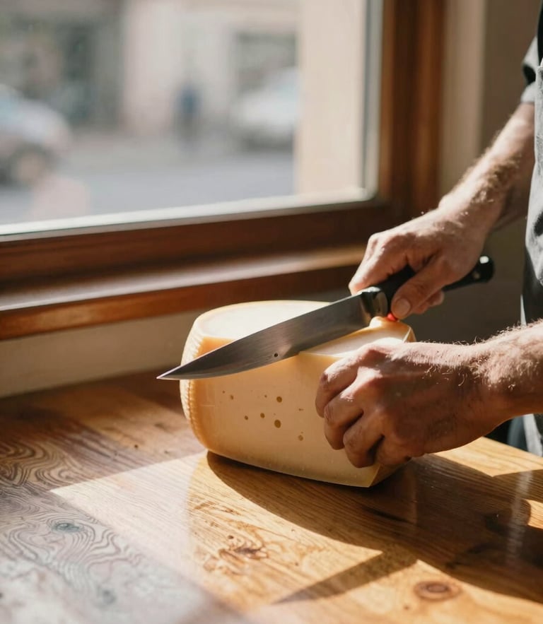 Warm environmental shot of the polished wooden counter at Los Incas deli, soft afternoon sun shining through the window, highlighting hands of the master slicing a cheese wheel with precision.