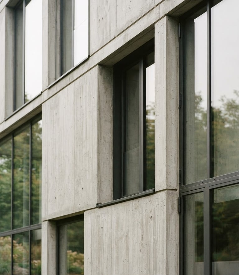 Architectural close-up of a minimalist concrete and glass facade, soft overcast daylight, muted natural tones, sharp shadows, 35mm film style.