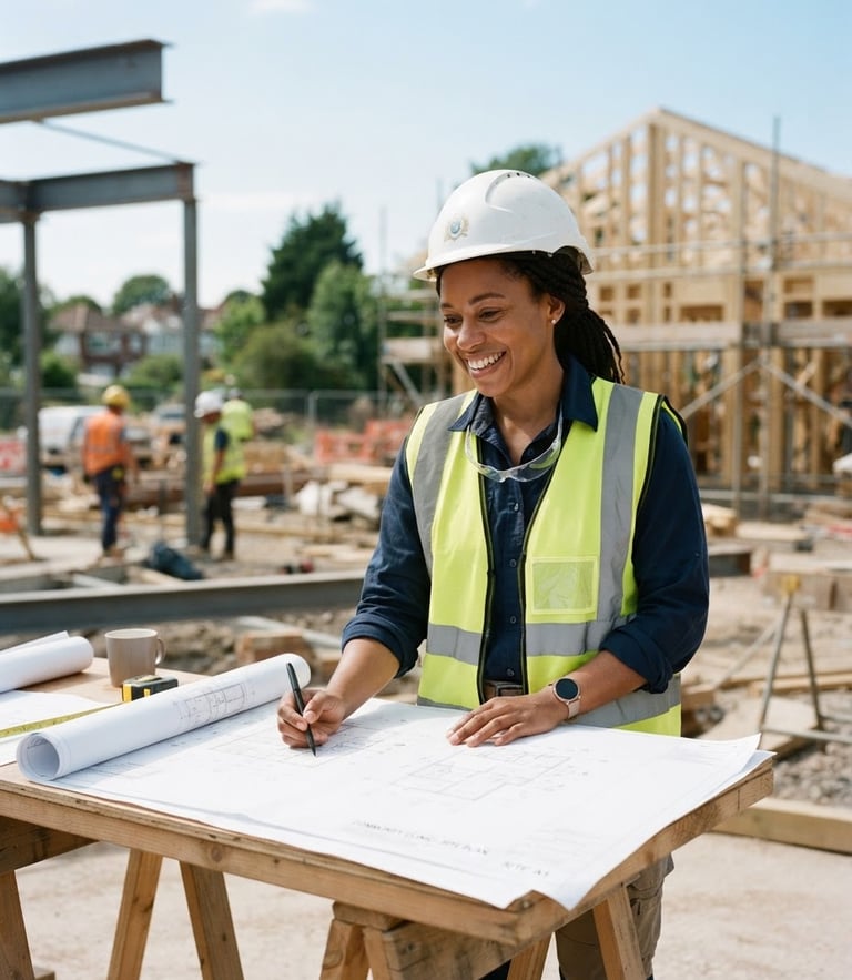 Bright natural daylight environmental portrait of a local community engineer reviewing architectural plans for a new clinic, 35mm lens, optimistic clean tones