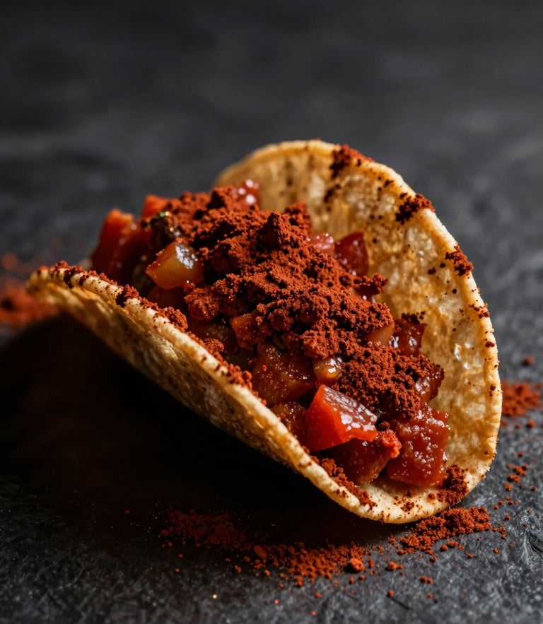 Moody food photography of rich rust-red salsa macha powder dusted over a crisp taco, dramatic side lighting, dark charcoal background