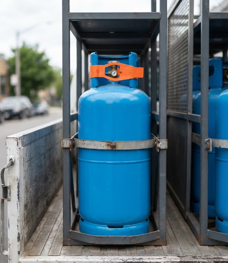 Straight-on eye-level shot of a clean, bright blue LPG cylinder with a prominent orange safety seal, sitting securely on a delivery vehicle under bright natural daylight.