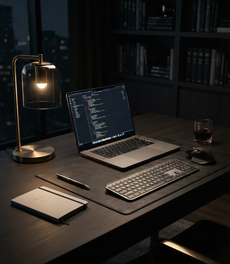 Low-key dramatic studio shot of a sleek modern workspace, warm gold lighting reflecting on metallic and glass surfaces, sharp shadows, premium editorial style.