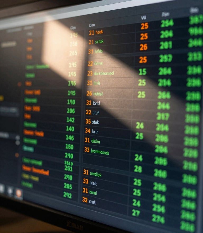 Tight macro crop of a digital dashboard on a dark monitor, glowing green and orange campaign metrics, sharp morning sunlight casting linear shadows across the screen.